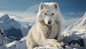 Majestic wolf in arctic landscape, snowing, looking at camera generated by AI