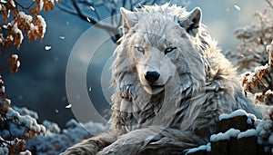 A majestic wolf in the arctic, looking at camera generated by AI