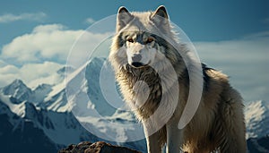 Majestic wolf in arctic wilderness, standing in snow covered mountains generated by AI