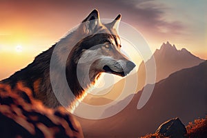 majestic wolf, head turned to face the sunrise, on mountain peak