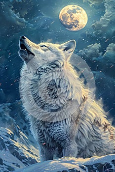 Majestic Wolf Howling at the Moon on a Snowy Mountain Night Wildlife and Nature Art Illustration