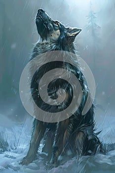 Majestic Wolf Howling in Snowy Wilderness, Enigmatic Canine Amidst Winter Trees, Ethereal Animal in Frosty Forest Landscape,