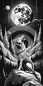 Majestic Wolf Howling Under a Full Moon in a Starry Night Forest