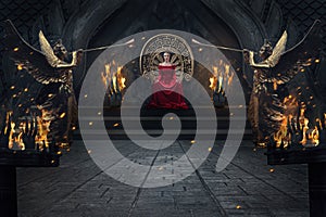 Majestic woman in red luxuious dress sitting on throne in royal interior