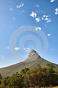 The majestic, wonderful and beautiful Lions Head mountain from below. Blue sky copy space over mountainous landscape