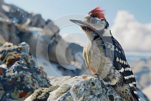 Majestic Woodpecker Perched on Rocky Alpine Terrain Under Clear Blue Sky