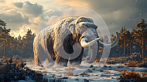 Majestic woolly mammoth in snowy, winter forest at sunset photo