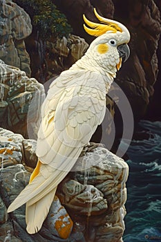 Majestic Yellow crested Cockatoo Perched on Rocky Cliff Overlooking Serene Ocean Waters at Sunset