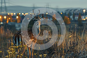 Majestic Young Spotted Deer Stands in Grassy Field at Twilight with Urban Landscape Background