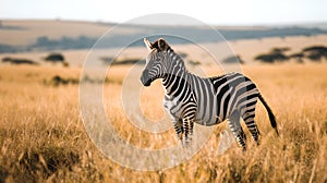 Majestic zebra standing in golden savannah fields during sunset. striking wildlife photography. ideal for nature-based