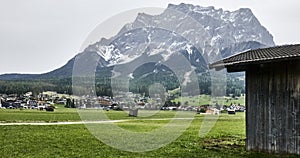 Majestic Zugspitze mountain overlooking alpine town