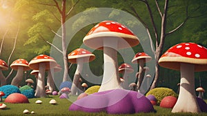 A Majesticly Colored Mushrooms Are Growing In A Forest Of Trees AI Generative photo