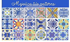 Majolica patterns set. Sicilian hand drawn blue ornament. Traditional blue and white ceramic tiles. Portuguese