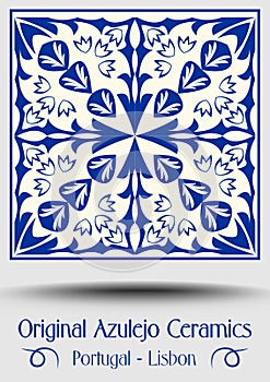 Majolica pottery tile, blue and white azulejo, original traditional Portuguese and Spain decor