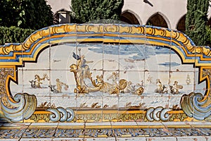 Majolica tiles of Cloister of the Clarisses at Santa Chiara Monastery in Naples, Campania, Italy