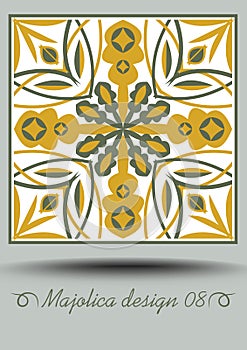 Majolica traditional ceramic tile in nostalgic ocher and olive green design with white glaze. Typical ceramic, azulejo photo