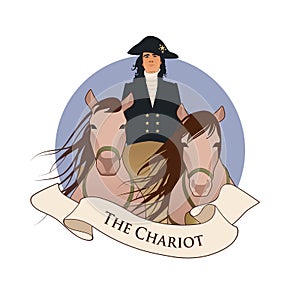 Major Arcana Emblem Tarot Card. The Chariot. Chariot pulled by two horses and driven by an elegant coachman in livery and hat, iso photo