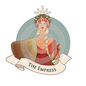 Major Arcana Emblem Tarot Card. The Empress. Beautiful woman with long braids, crown of flowers and stars, holding a shield with a