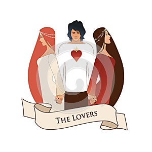 Major Arcana Emblem Tarot Card. The Lovers. Young man holding two beautiful women by the hand. T-shirt with heart on the chest, is