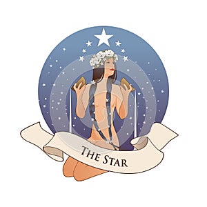 Major Arcana Emblem Tarot Card. The Star. Beautiful girl naked under stars, pouring water from two golden bowls, isolated on white