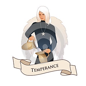 Major Arcana Emblem Tarot Card. Temperance. Angel with appearance and clothes of young man, great wings, hair fair, pouring water