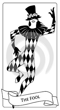 Major Arcana Tarot Cards. The Fool. Joker with top hat decorated with flowers, mask and rhombus suit dancing