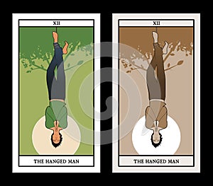 Major Arcana Tarot Cards. The Hanged Man. Man hanging from a tree, face down, subject of the right foot, with praying hands