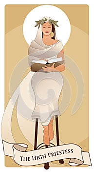 Major Arcana Tarot Cards. The High Priestess with a laurel wreath and aura around her head, reading a book sitting on a tripod