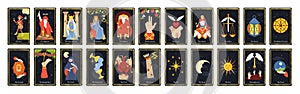 Major arcana tarot cards. Occult deck for divination with chariot, fool, magician and wheel of fortune vector set