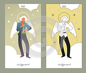 Major Arcana Tarot Cards. Stylized design. Judgement. Archangel with great wings playing trumpet on cloudy and stared sky