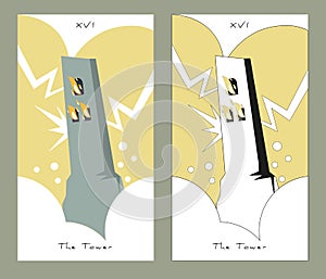 Major Arcana Tarot Cards. Stylized design. The Tower. Large tower under the storm and hurt by lightning. Flames on the windows
