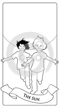 Major Arcana Tarot Cards. The Sun. Two happy twin boys running with open arms in front of the sun