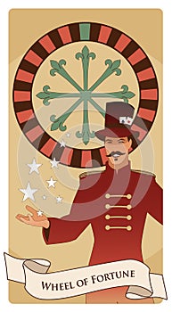 Major Arcana Tarot Cards. The Wheel of Fortune. Master of ceremonies with mustache, wearing top hat adorned with playing cards