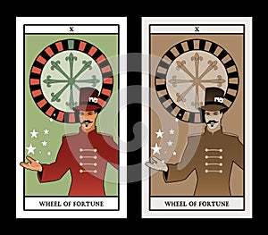 Major Arcana Tarot Cards. The Wheel of Fortune. Master of ceremonies with mustache, wearing top hat adorned with playing cards,