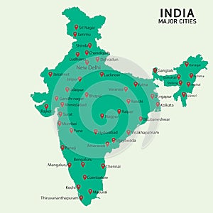 Major cities of India in the Map
