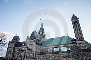 Main clock tower of the center block of the Parliament of Canada, in the Canadian Parliamentary complex of Ottawa, Ontario. photo