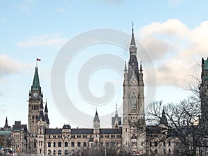Main clock tower of the center block of the Parliament of Canada, in the Canadian Parliamentary complex of Ottawa, Ontario. photo