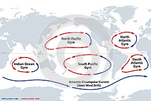 The major ocean gyres, world map of the most notable ocean gyres