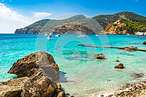 Majorca, beautiful beach and coast with boats in Camp de Mar