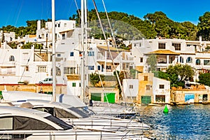 Majorca, marina of Cala D`Or with moored yachts at waterfront
