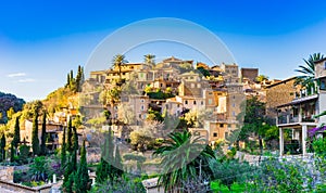 Majorca Spain, beautiful village of Deia at mountain landscape of Serra de Tramuntana
