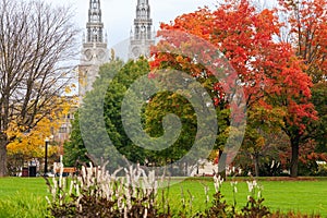 Majors Hill Park autumn red leaves scenery. Notre Dame Cathedral Basilica in the background.