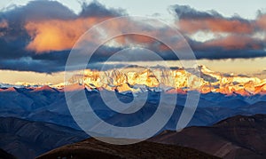 Makalu Peak and Kanchenjunga sunrise glow of Himalaya mountains in Shigatse city Tibet Autonomous Region, China