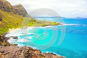 Makapu`u lookout scenic view of beach park and ocean