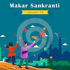 Makar Sankranti festival. Happy Indian sun celebration day poster with flying kites photo