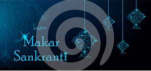 Makar Sankranti Greeting Card with blue polygonal kites