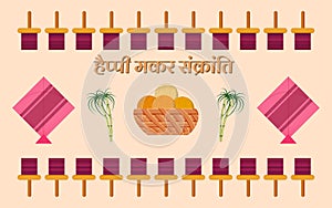 Makar sankranti vector illustration created with charkhi, patang, ladoo and  sugarcane