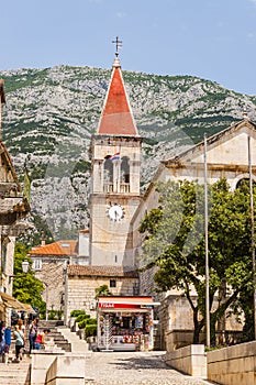 Medieval Old Town street. St MarkÃ¢â¬â¢s Church. Makarska, Dalmatia, Croatia.