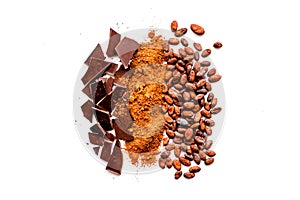 Make chocolate. Cocoa powder near cocoa beans and pieces of chocolate on white background top view copy space