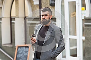 Make this day with coffee. Bearded man enjoying morning coffee. Drinking his cup first thing in morning. Businessman in